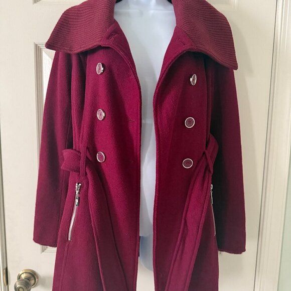 Guess Los Angeles Stylish Burgundy Double-Breasted Belted Coat - Size XS - Picture 2 of 10